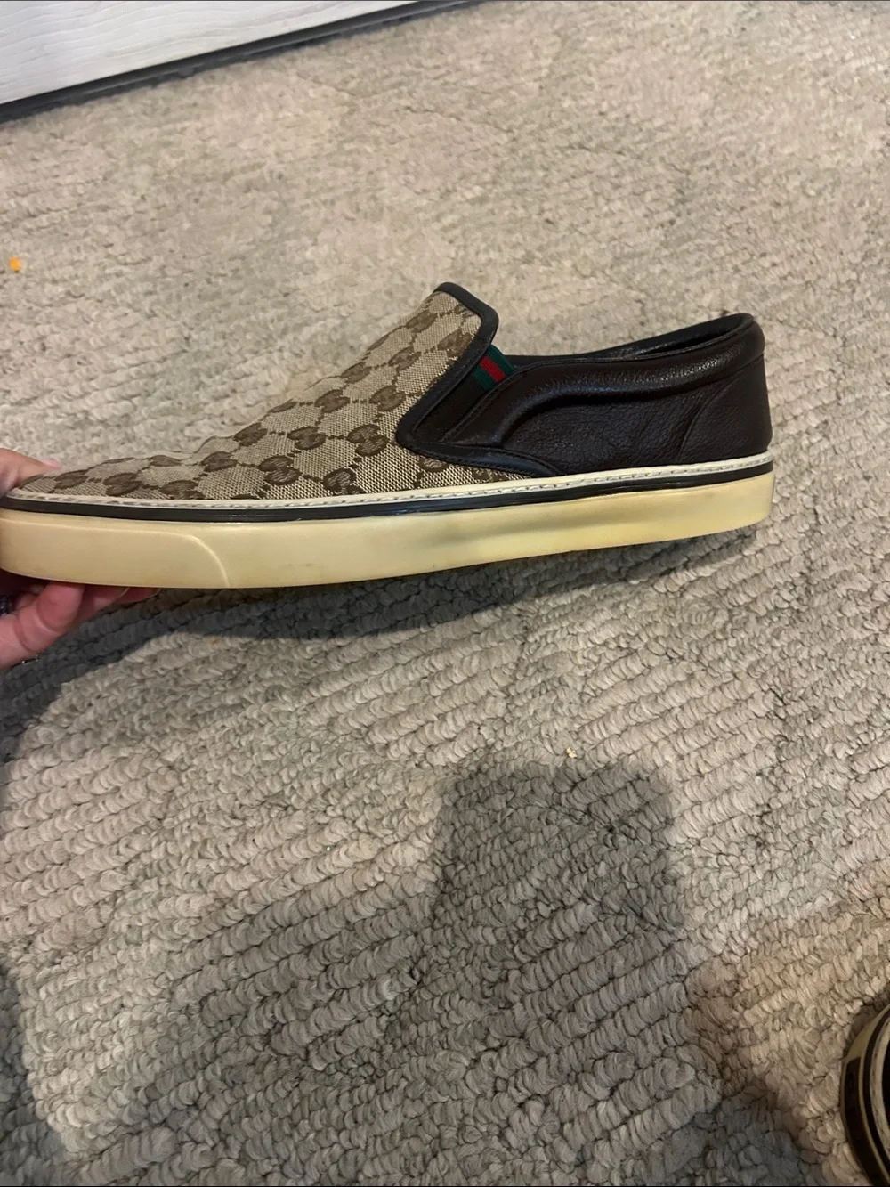 Gucci Beige Brown GG Canvas Slip-On Loafer with Dark Brown Trim